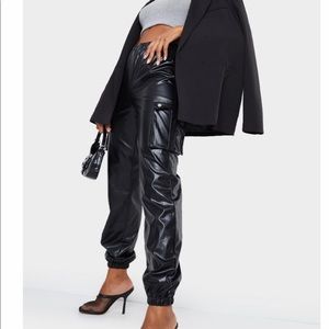 Black Faux Leather Cargo Trousers